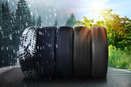 Set of new winter and summer tires on asphalt road, collageの写真素材