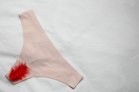 Woman's panties with red feather on white fabric, top view. Space for textの写真素材