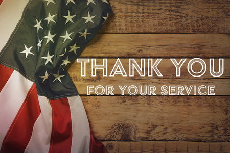 Text THANK YOU FOR YOUR SERVICE and American flag on wooden background, top view. memorial day