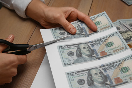 Counterfeiter cutting dollar banknotes with scissors at wooden table, closeup. fake money conceptの写真素材