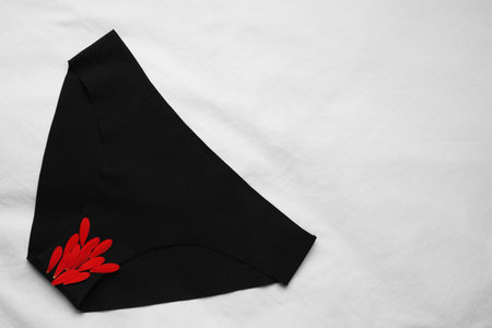 Woman's panties with red flower petals on white fabric, top view. Space for textの写真素材