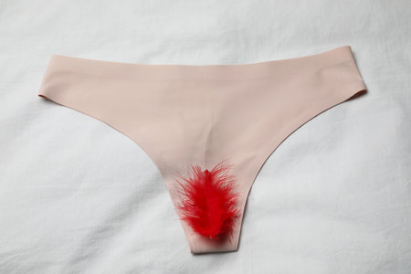 Woman's panties with red feather on white fabric, top viewの写真素材