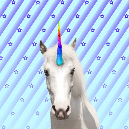 trendy art collage. beautiful unicorn on color backgroundの写真素材