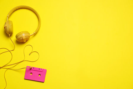 Heart made with cable of headphones and music cassette on yellow background, flat lay. Space for textの写真素材
