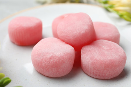 Delicious mochi on plate, closeup. Traditional Japanese dessertの写真素材
