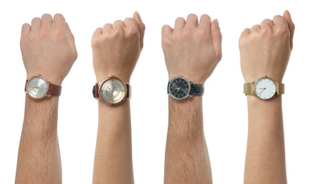 Collage with photos of people wearing wristwatches on white background, closeupの写真素材