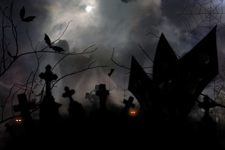 Old misty cemetery on full moon nightの写真素材