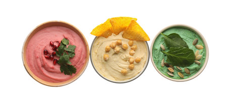 Different kinds of tasty hummus in bowls on white background, top viewの写真素材