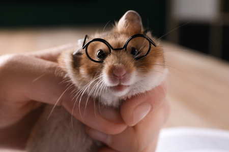 Owner holding cute little hamster with glasses, closeupの写真素材
