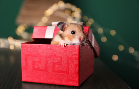 Cute little hamster looking out of gift box on wooden table, closeupの写真素材