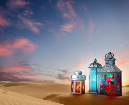 Beautiful Arabic lanterns on sand at sunrise , space for textの写真素材