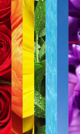 Collage with photos of beautiful flowers, green grass, blue sky and water. vertical banner designの写真素材