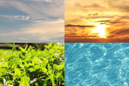 Collage with photos of water, green plants, blue sky and sun. beautiful natureの写真素材