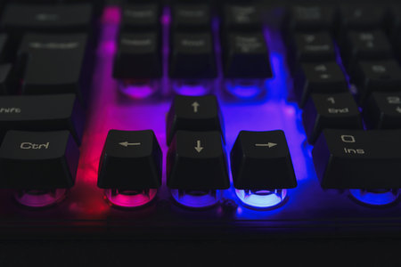 Modern keyboard with RGB lighting, closeup view
