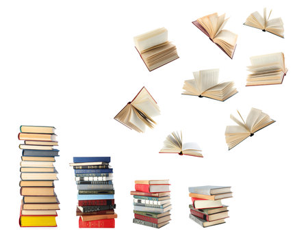 Stacked and flying books on white background, collageの写真素材