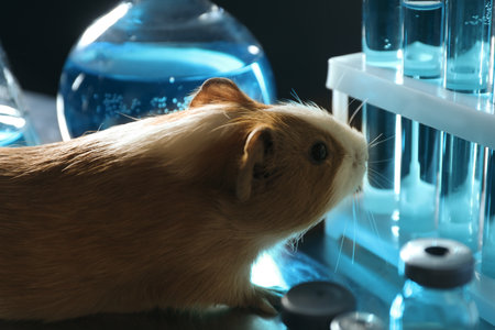 Guinea pig and laboratory glassware. Animal testingの写真素材