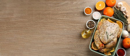 Raw chicken, orange slices and other ingredients on wooden table, flat lay. Space for textの写真素材