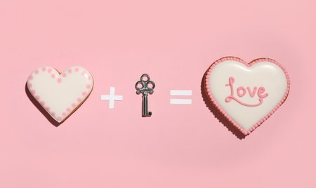 Composition with heart shaped gingerbreads and key for Valentine's day on pink background, flat layの写真素材