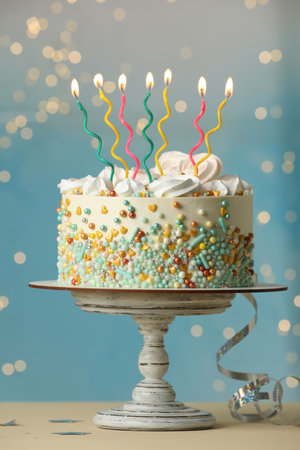 Beautiful birthday cake with burning candles and decor on white tableの写真素材