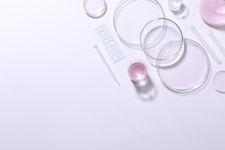 Organic cosmetic product and laboratory glassware on white background, top view. Space for textの写真素材