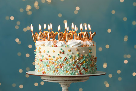 Beautiful birthday cake with burning candles on stand against festive lightsの写真素材