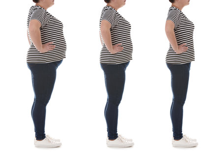 Woman before and after weight loss on white background, collageの写真素材