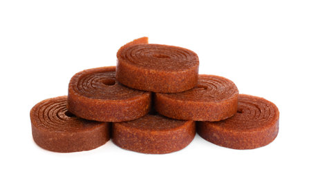 Delicious fruit leather rolls on white backgroundの写真素材