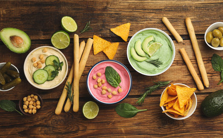 Flat lay composition with delicious hummuses on wooden table