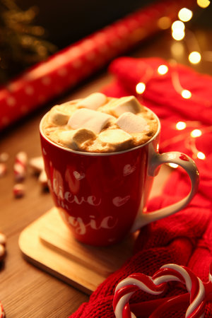 Tasty hot drink with marshmallows. christmas atmosphereの写真素材