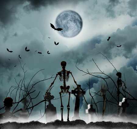 Scary skeletons at misty cemetery in the nightの写真素材