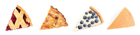 Set with pieces of different delicious pies on white background., top view. banner designの写真素材