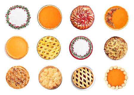 Set with different delicious pies on white background, top viewの写真素材