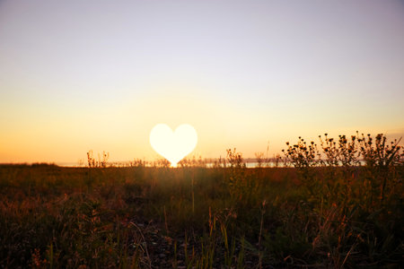 Picturesque view of field and beautiful sunsetの写真素材