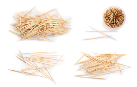 Set with wooden toothpicks on white backgroundの写真素材