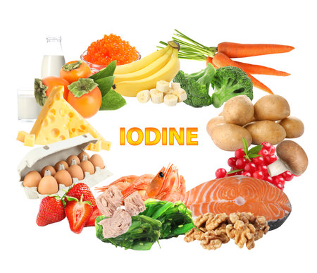 Different products rich in Iodine on white backgroundの写真素材