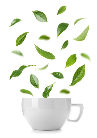Cup of hot tea and falling green leaves on white backgroundの写真素材