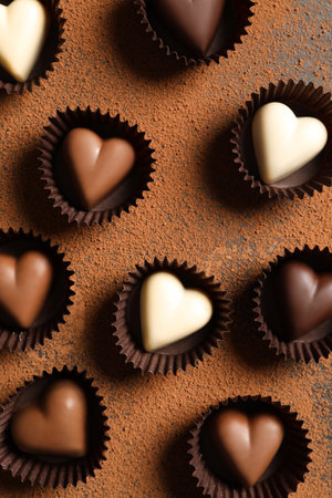 Beautiful heart shaped chocolate candies on table, flat lay