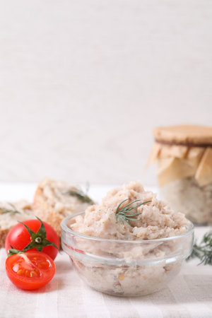 Delicious lard spread in bowl on tableの写真素材