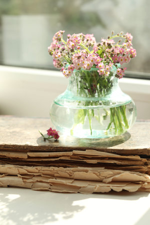Beautiful Forget-me-not flowers and old book on window sillの写真素材