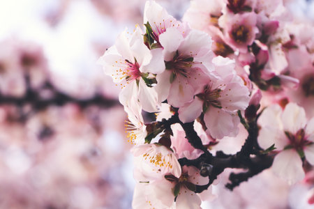 Delicate spring pink cherry blossoms on tree outdoors, closeup. Space for textの写真素材