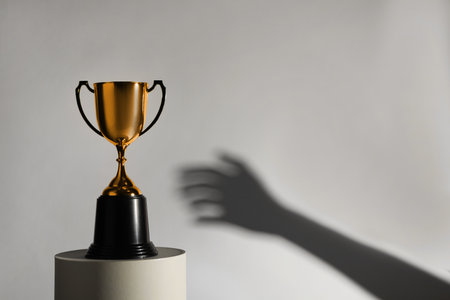 Woman reaching for gold trophy cup on light background, closeupの写真素材