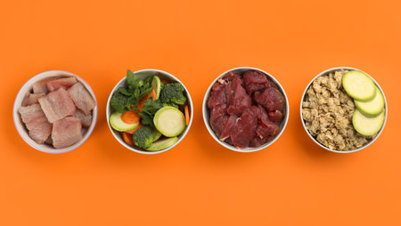 Feeding bowls with natural pet food on orange background, flat layの写真素材