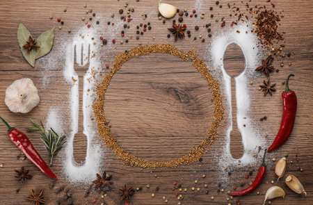 Beautiful flat lay composition with different spices, silhouettes of cutlery and plate on wooden background. Space for textの写真素材