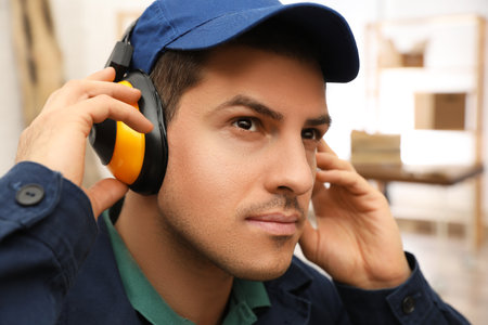 Worker wearing safety headphones indoors. Hearing protection deviceの写真素材