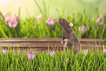 Cute little rat on wooden surface near green grass outdoorsの写真素材