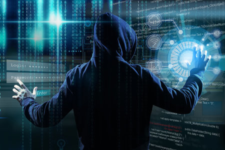 Man in hood and digital code on dark background, back view. cyber attack conceptの写真素材