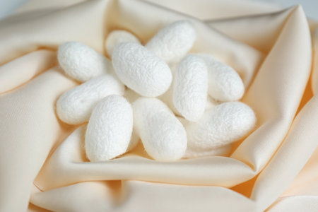 Heap of white cocoons on silk fabric, closeupの写真素材