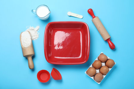 Cooking utensils and ingredients on light blue background, flat layの写真素材