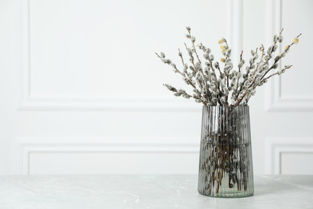 Beautiful pussy willow branches in glass vase on light gray marble table, space for textの写真素材