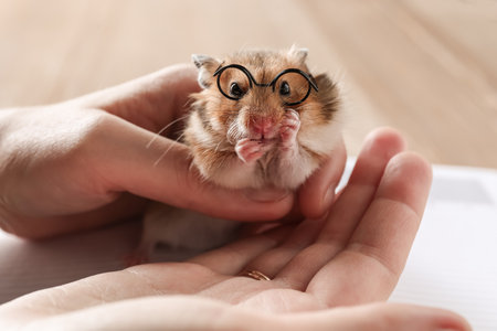 Owner holding cute little hamster with glasses, closeupの写真素材
